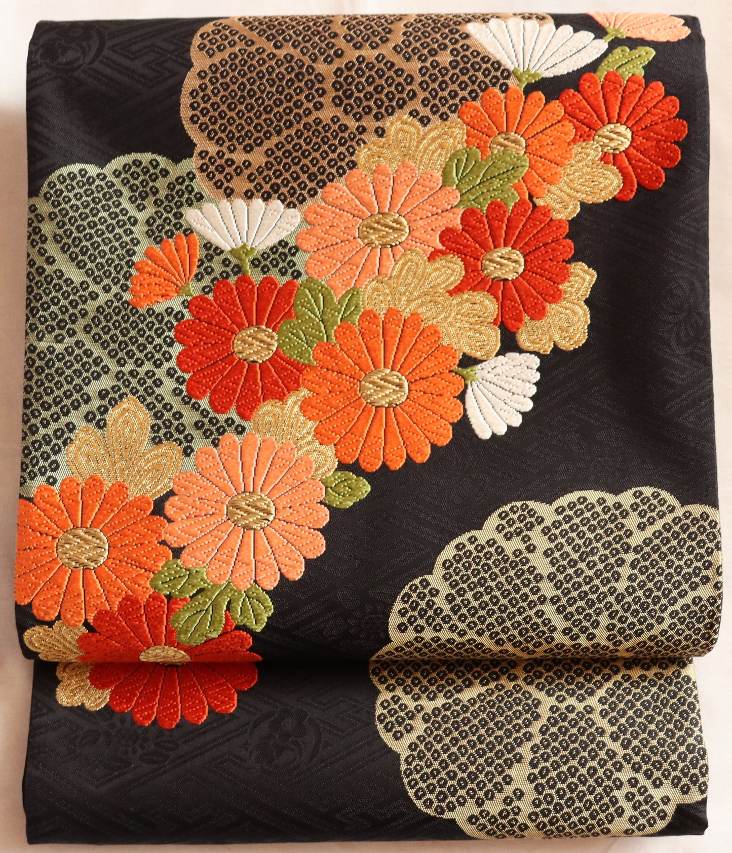 【西陣織】お仕立て付き 袋帯 纐纈繡菊花文 黒