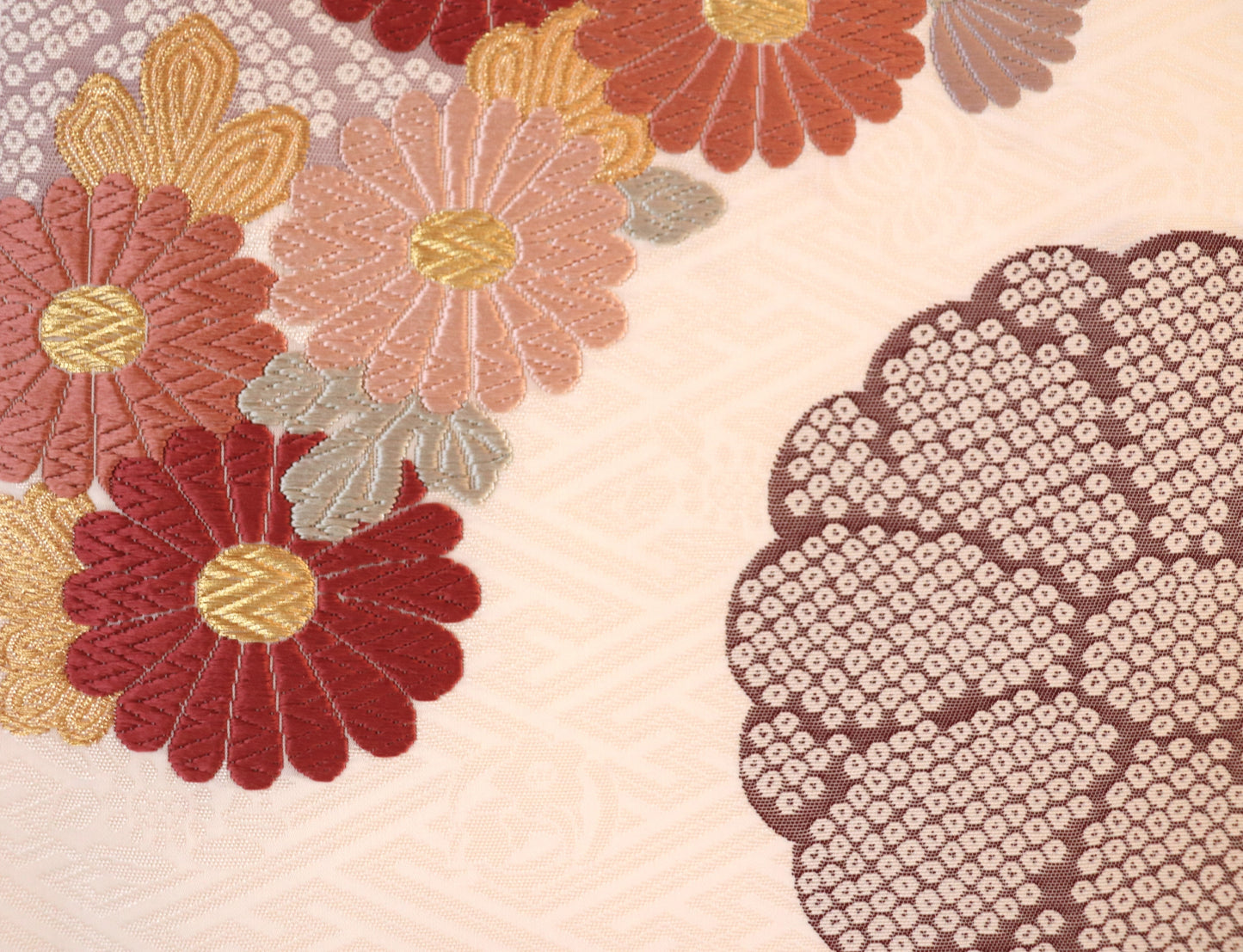 【西陣織】お仕立て付き　袋帯　纐纈繡菊花文　ローズ
