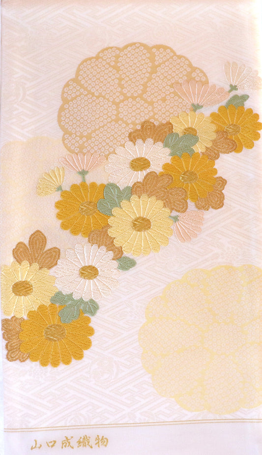 【西陣織】お仕立付き　袋帯　纐纈繡菊花文　イエロー