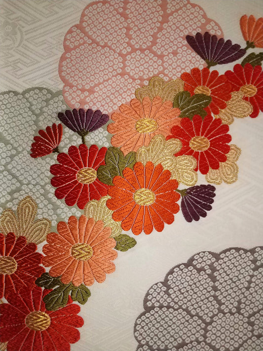 【西陣織】お仕立付き　袋帯　纐纈繍菊花文　彩配色