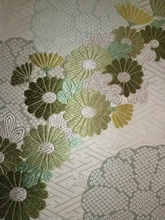 【西陣織】お仕立て付き　袋帯　纐纈繡菊花文　グリーン
